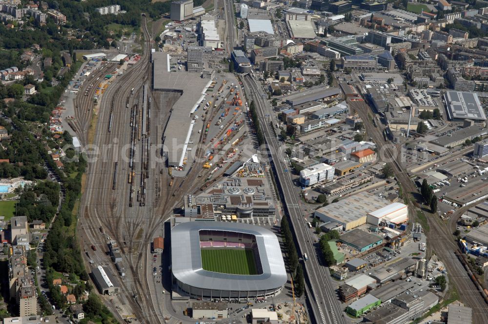 Genf from the bird's eye view: Sports facility grounds of the arena of the stadium Stade de Geneve (or Stade de la Praille) on the Route des Jeunes in Geneva in the canton of Geneve, Switzerland