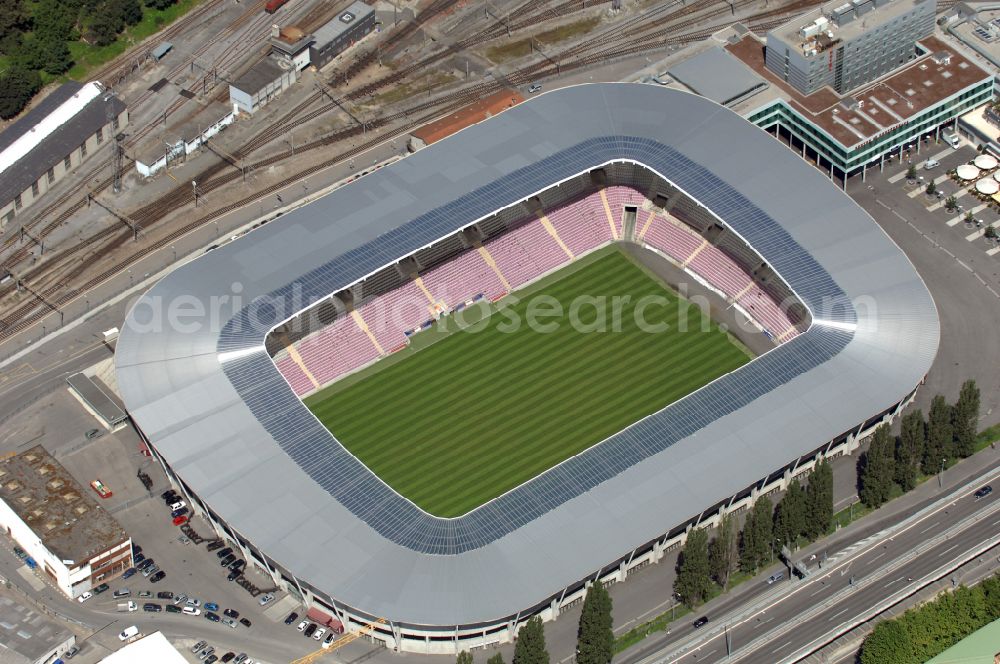 Genf from above - Sports facility grounds of the arena of the stadium Stade de Geneve (or Stade de la Praille) on the Route des Jeunes in Geneva in the canton of Geneve, Switzerland