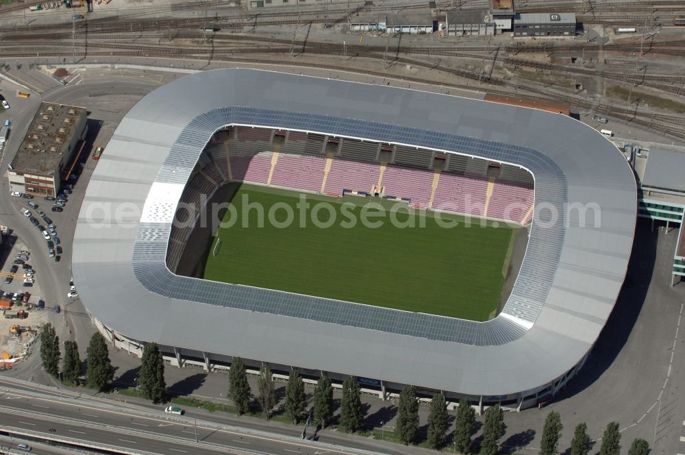 Genf from above - Sports facility grounds of the arena of the stadium Stade de Geneve (or Stade de la Praille) on the Route des Jeunes in Geneva in the canton of Geneve, Switzerland