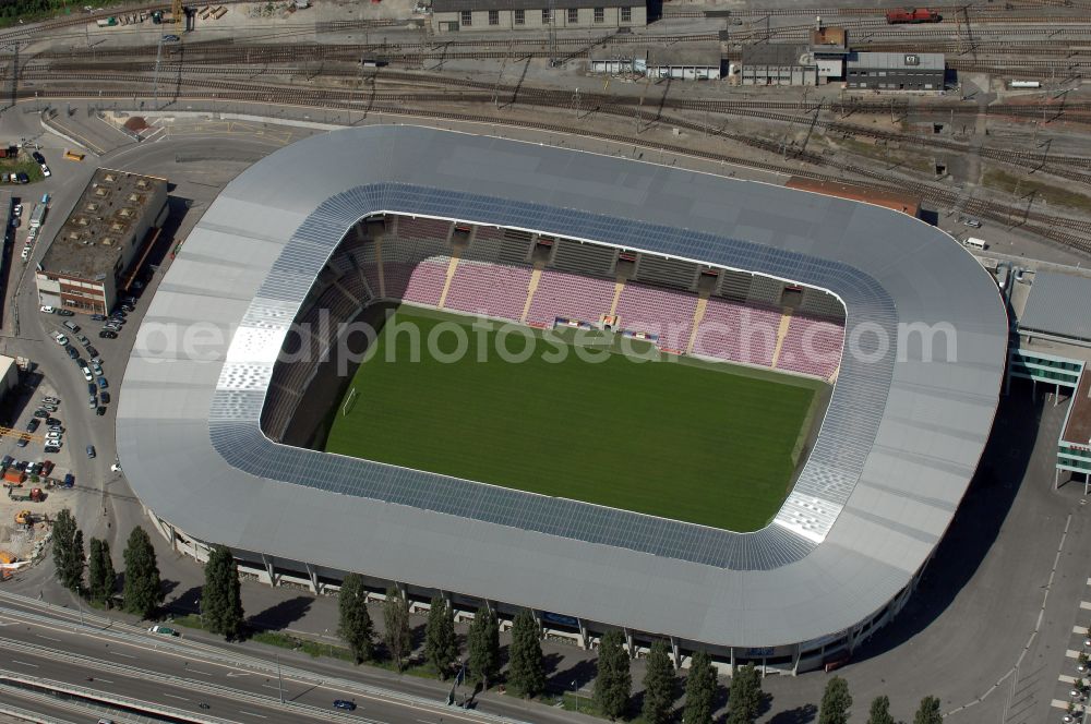 Genf from the bird's eye view: Sports facility grounds of the arena of the stadium Stade de Geneve (or Stade de la Praille) on the Route des Jeunes in Geneva in the canton of Geneve, Switzerland