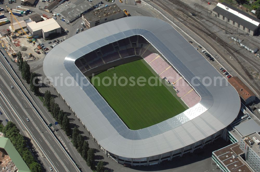 Genf from above - Sports facility grounds of the arena of the stadium Stade de Geneve (or Stade de la Praille) on the Route des Jeunes in Geneva in the canton of Geneve, Switzerland