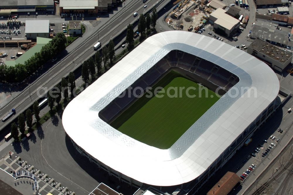 Genf from above - Sports facility grounds of the arena of the stadium Stade de Geneve (or Stade de la Praille) on the Route des Jeunes in Geneva in the canton of Geneve, Switzerland