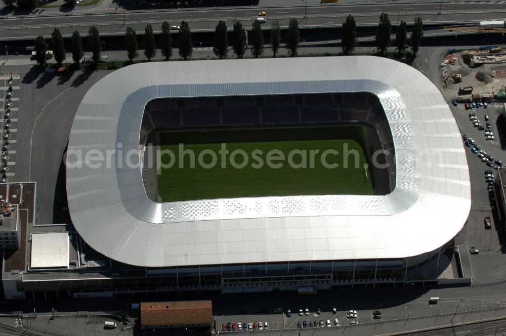 Genf from above - Sports facility grounds of the arena of the stadium Stade de Geneve (or Stade de la Praille) on the Route des Jeunes in Geneva in the canton of Geneve, Switzerland