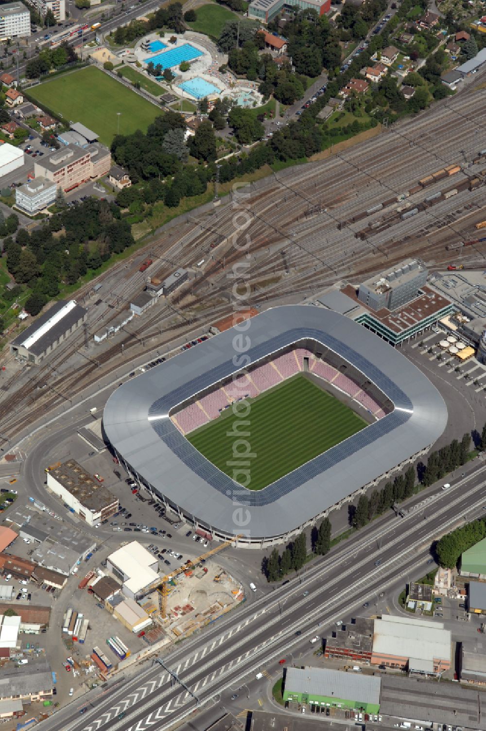 Genf from above - Sports facility grounds of the arena of the stadium Stade de Geneve (or Stade de la Praille) on the Route des Jeunes in Geneva in the canton of Geneve, Switzerland