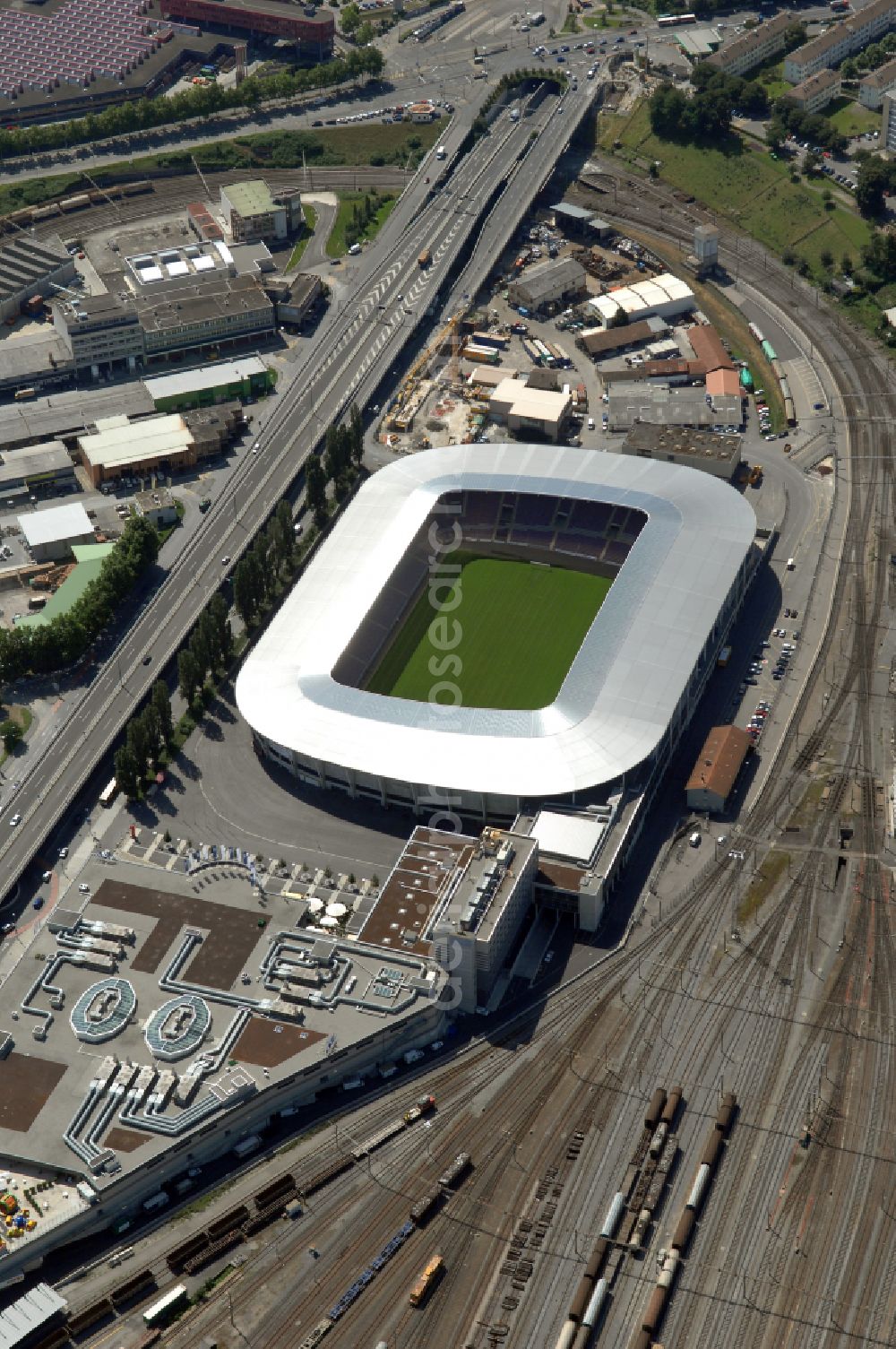 Genf from above - Sports facility grounds of the arena of the stadium Stade de Geneve (or Stade de la Praille) on the Route des Jeunes in Geneva in the canton of Geneve, Switzerland