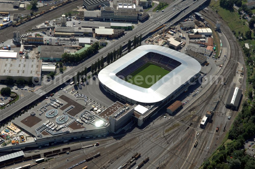 Genf from the bird's eye view: Sports facility grounds of the arena of the stadium Stade de Geneve (or Stade de la Praille) on the Route des Jeunes in Geneva in the canton of Geneve, Switzerland