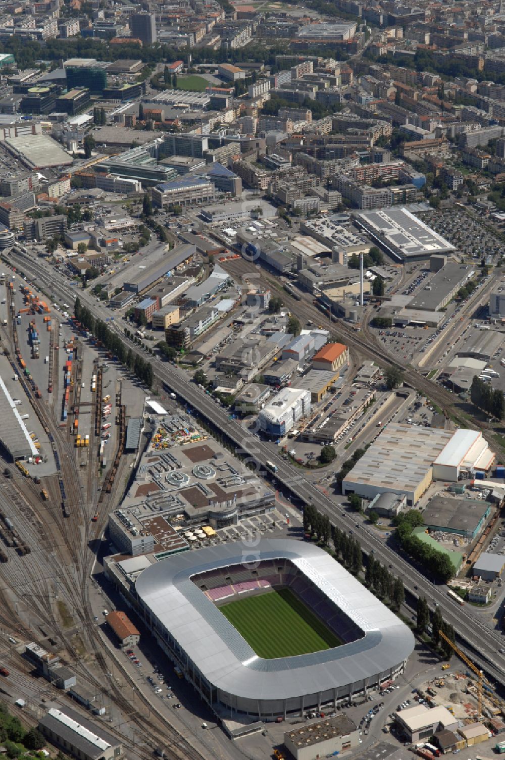 Aerial image Genf - Sports facility grounds of the arena of the stadium Stade de Geneve (or Stade de la Praille) on the Route des Jeunes in Geneva in the canton of Geneve, Switzerland