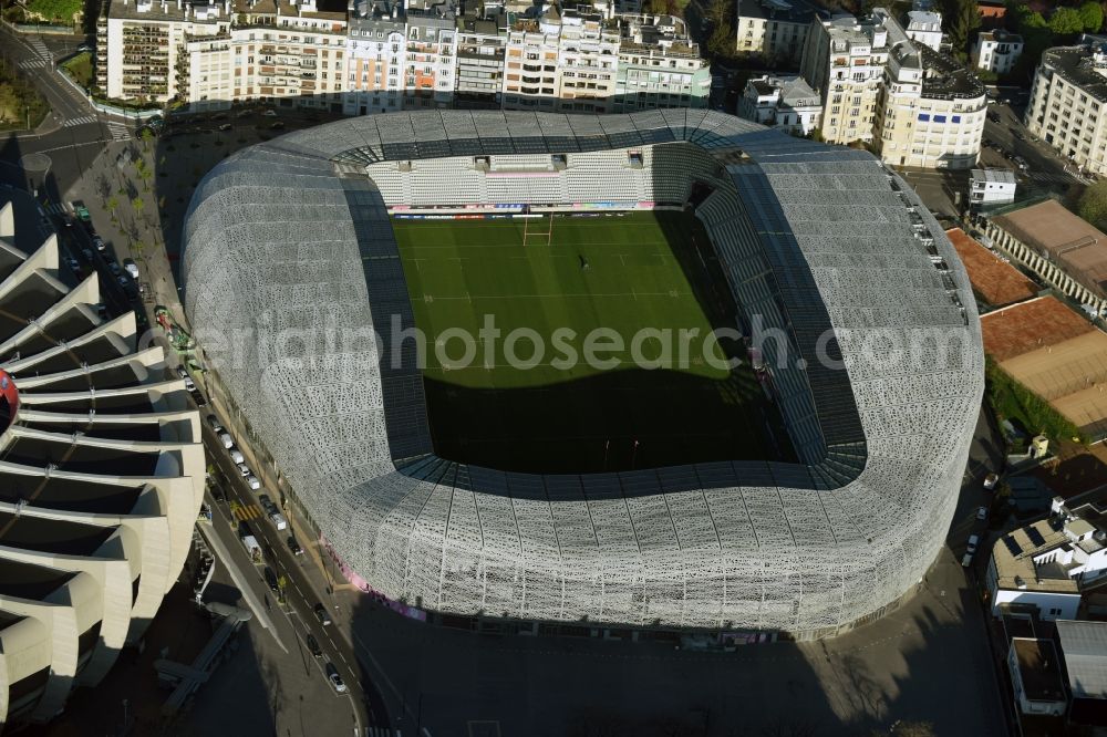 Paris from the bird's eye view: Sports facility grounds of the Arena stadium Stade Jean Bouin on Avenue du General Sarrail in Paris in Ile-de-France, France