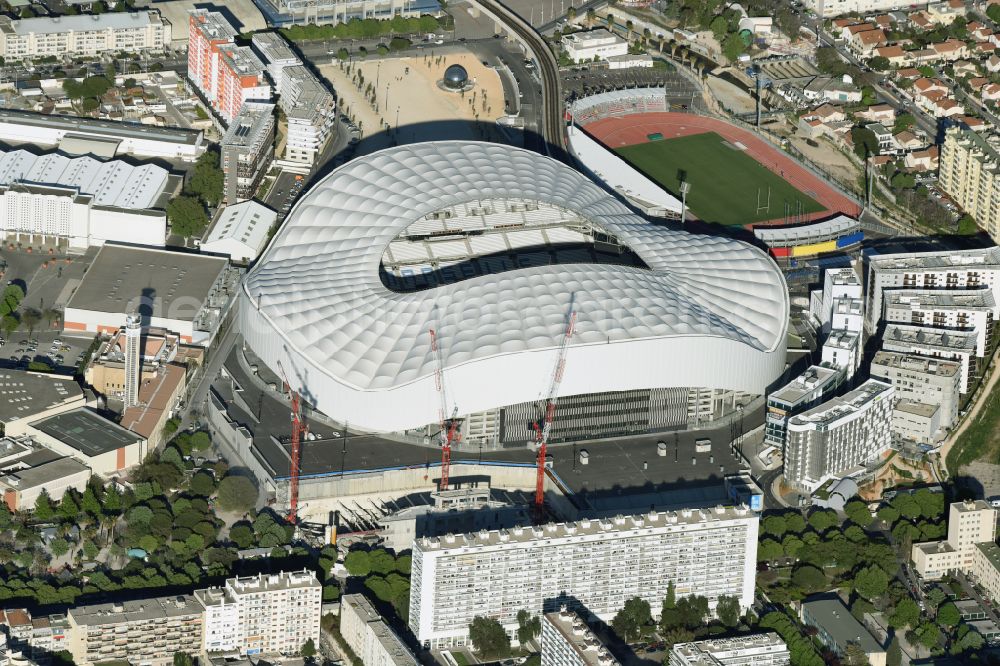 Aerial photograph Marseille - Sports facility grounds of the Arena stadium Stade Orange Velodrome on street Boulevard Michelet in Marseille in Provence-Alpes-Cote d'Azur, France