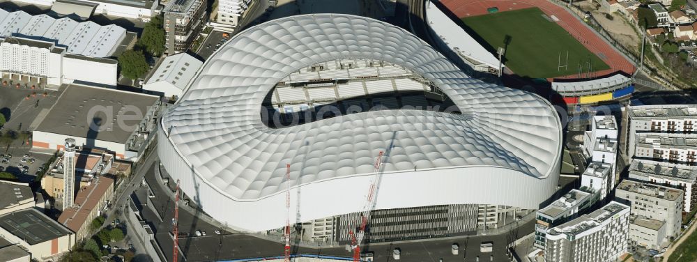 Marseille from the bird's eye view: Sports facility grounds of the Arena stadium Stade Orange Velodrome on street Boulevard Michelet in Marseille in Provence-Alpes-Cote d'Azur, France