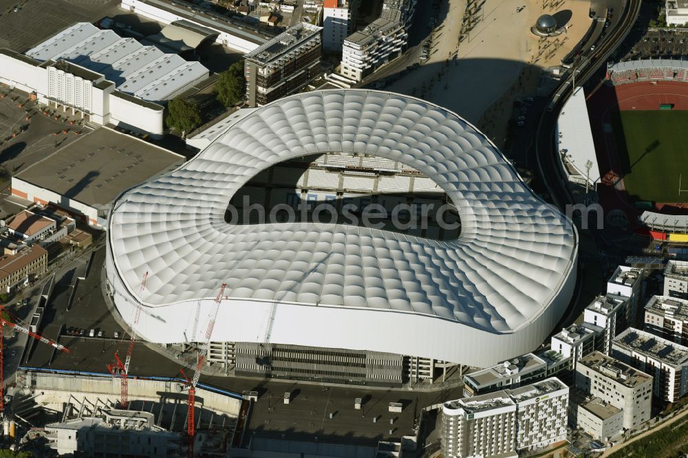 Marseille from above - Sports facility grounds of the Arena stadium Stade Orange Velodrome on street Boulevard Michelet in Marseille in Provence-Alpes-Cote d'Azur, France