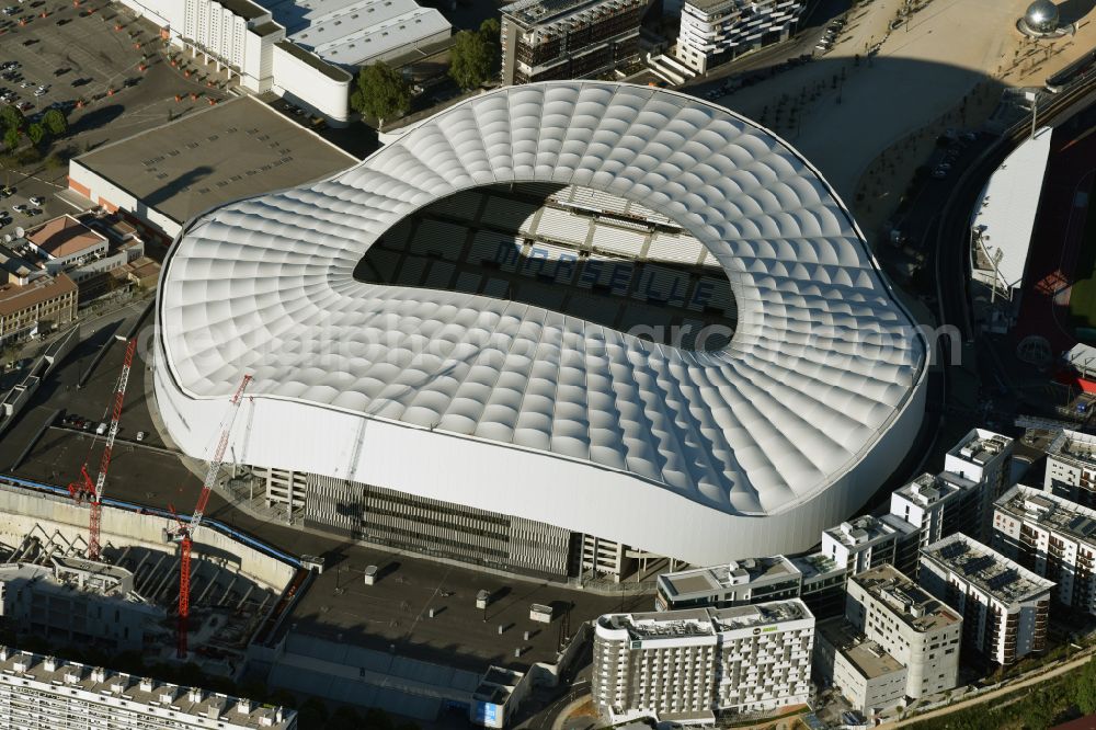 Marseille from the bird's eye view: Sports facility grounds of the Arena stadium Stade Orange Velodrome on street Boulevard Michelet in Marseille in Provence-Alpes-Cote d'Azur, France