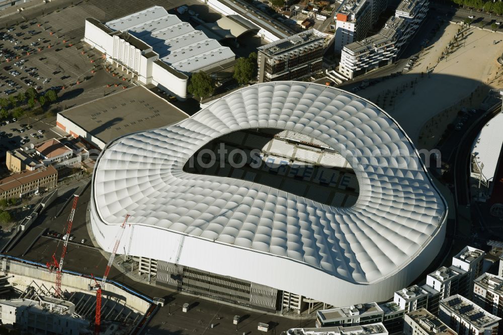 Aerial image Marseille - Sports facility grounds of the Arena stadium Stade Orange Velodrome on street Boulevard Michelet in Marseille in Provence-Alpes-Cote d'Azur, France