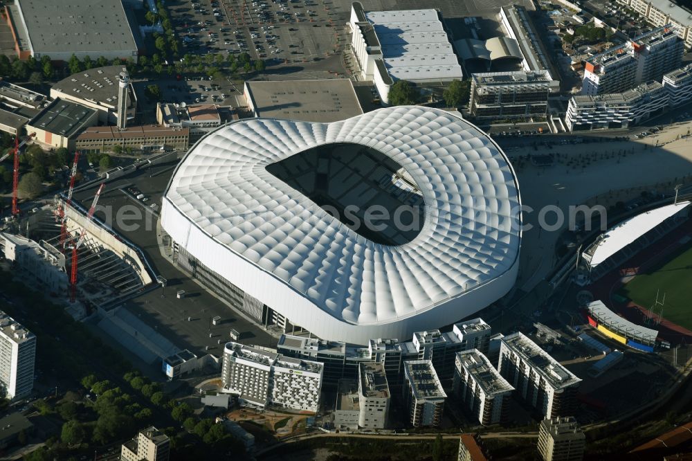 Marseille from the bird's eye view: Sports facility grounds of the Arena stadium Stade Orange Velodrome on street Boulevard Michelet in Marseille in Provence-Alpes-Cote d'Azur, France