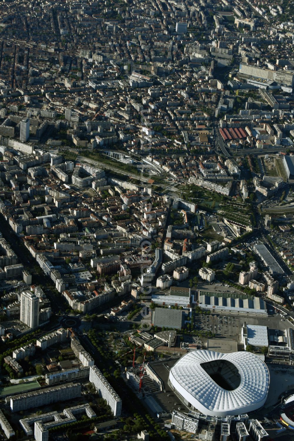 Aerial image Marseille - Sports facility grounds of the Arena stadium Stade Orange Velodrome on street Boulevard Michelet in Marseille in Provence-Alpes-Cote d'Azur, France