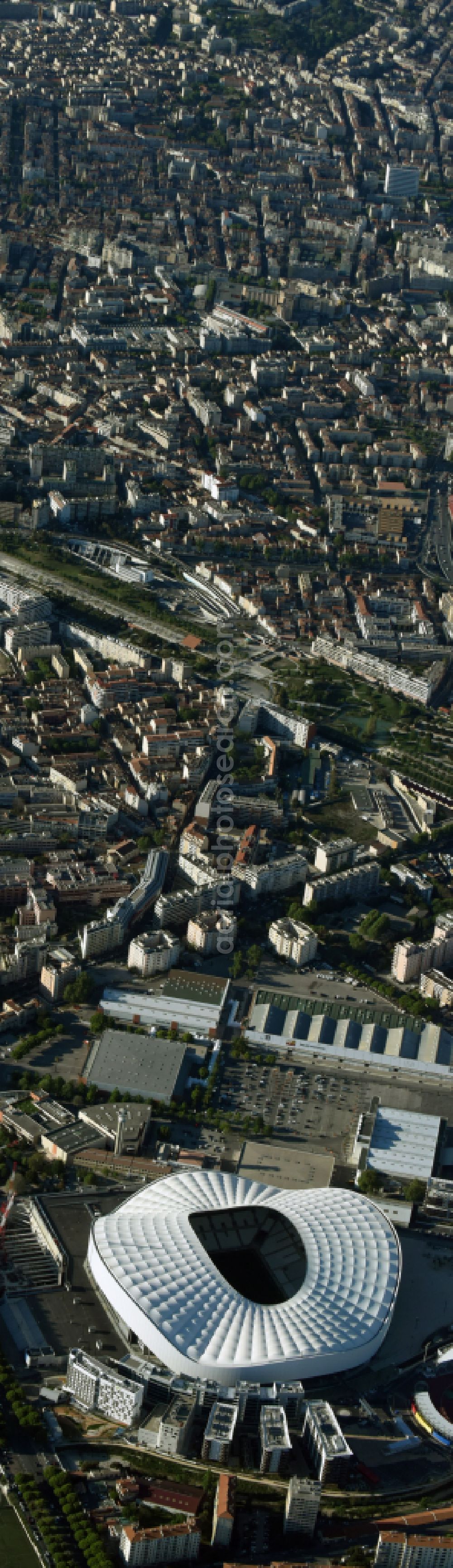 Marseille from above - Sports facility grounds of the Arena stadium Stade Orange Velodrome on street Boulevard Michelet in Marseille in Provence-Alpes-Cote d'Azur, France