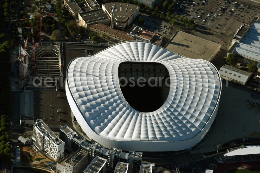 Marseille from the bird's eye view: Sports facility grounds of the Arena stadium Stade Orange Velodrome on street Boulevard Michelet in Marseille in Provence-Alpes-Cote d'Azur, France