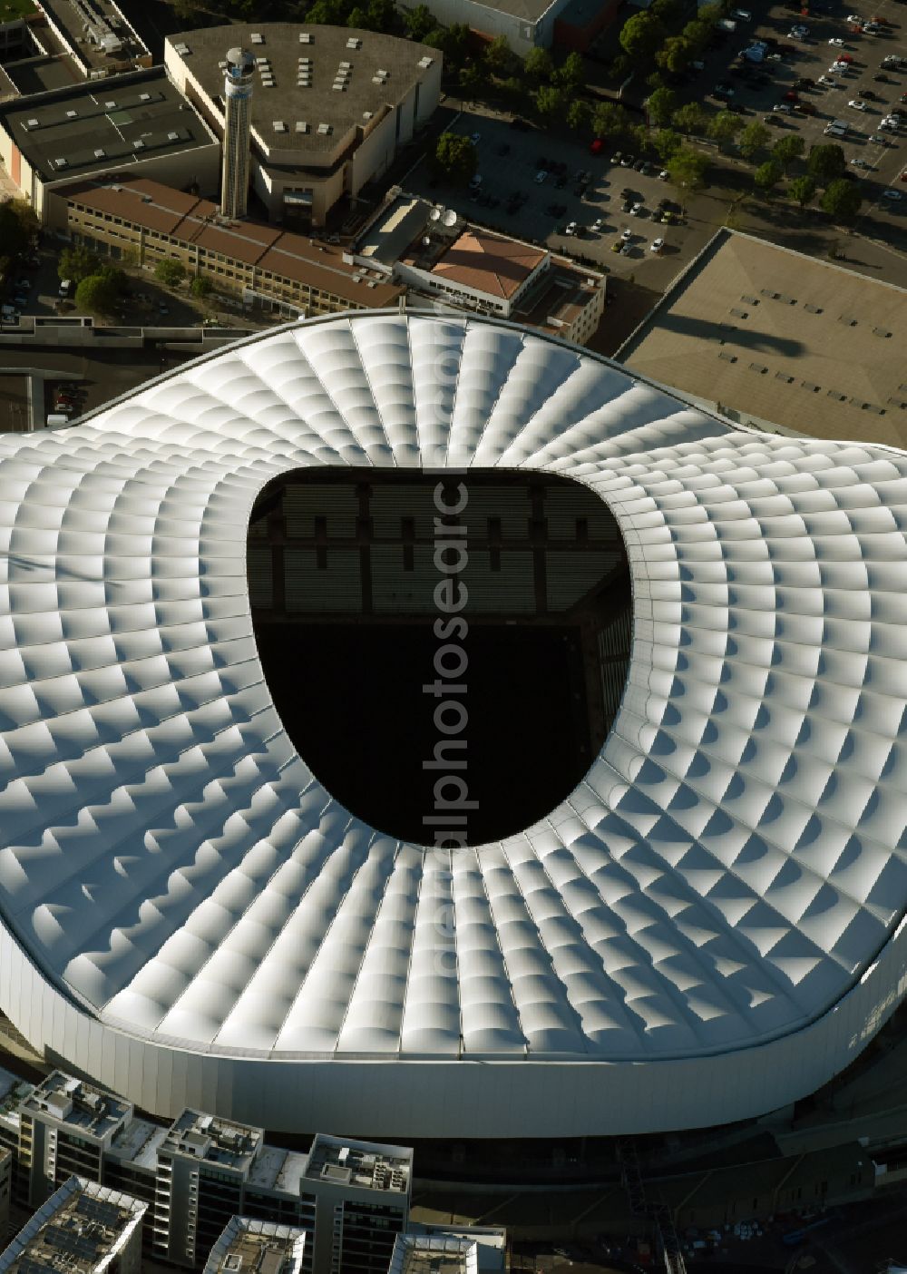 Aerial image Marseille - Sports facility grounds of the Arena stadium Stade Orange Velodrome on street Boulevard Michelet in Marseille in Provence-Alpes-Cote d'Azur, France