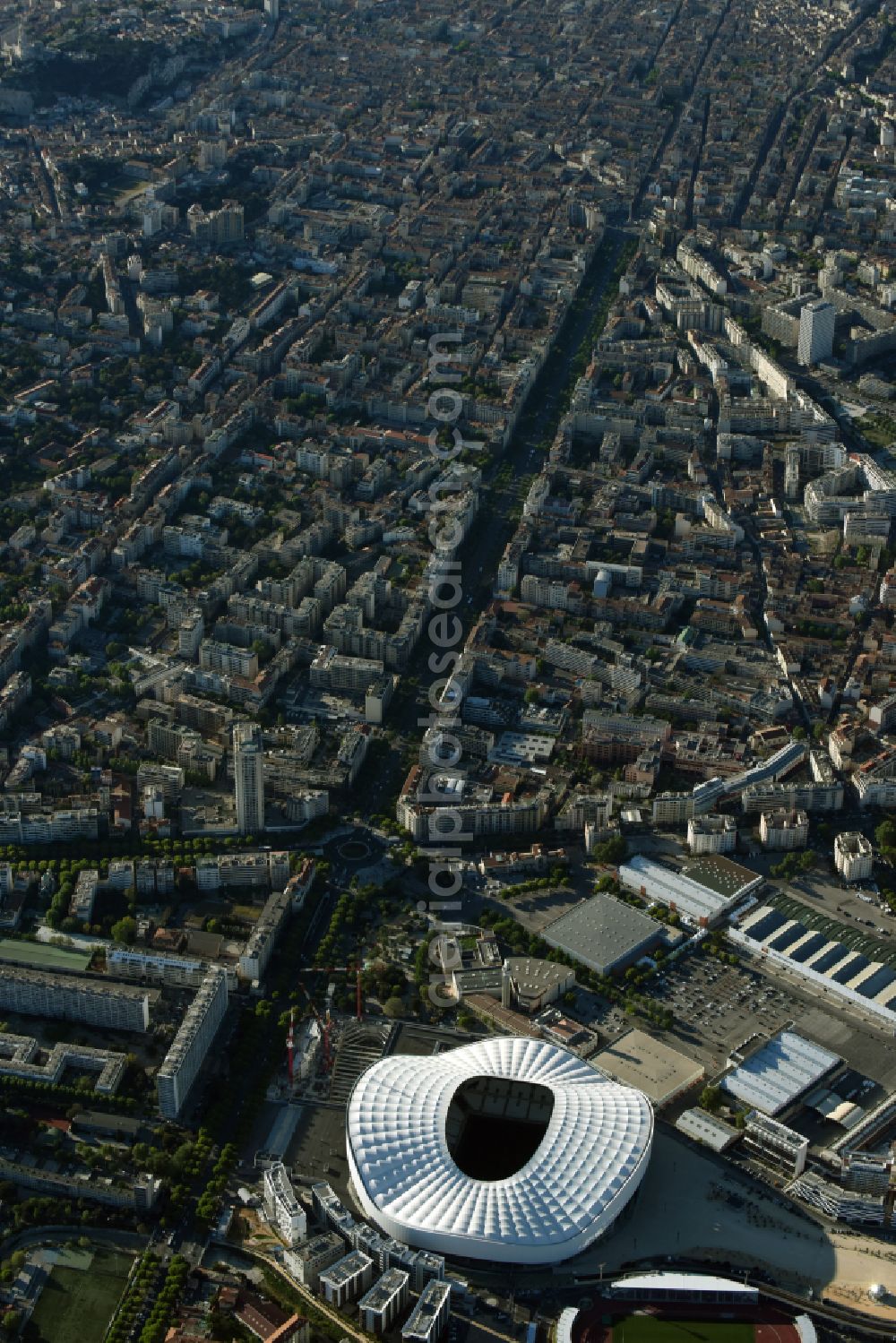 Marseille from the bird's eye view: Sports facility grounds of the Arena stadium Stade Orange Velodrome on street Boulevard Michelet in Marseille in Provence-Alpes-Cote d'Azur, France