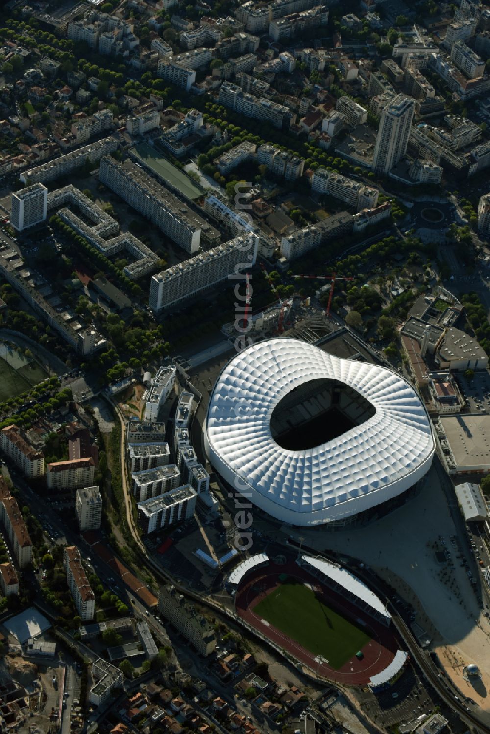 Marseille from the bird's eye view: Sports facility grounds of the Arena stadium Stade Orange Velodrome on street Boulevard Michelet in Marseille in Provence-Alpes-Cote d'Azur, France