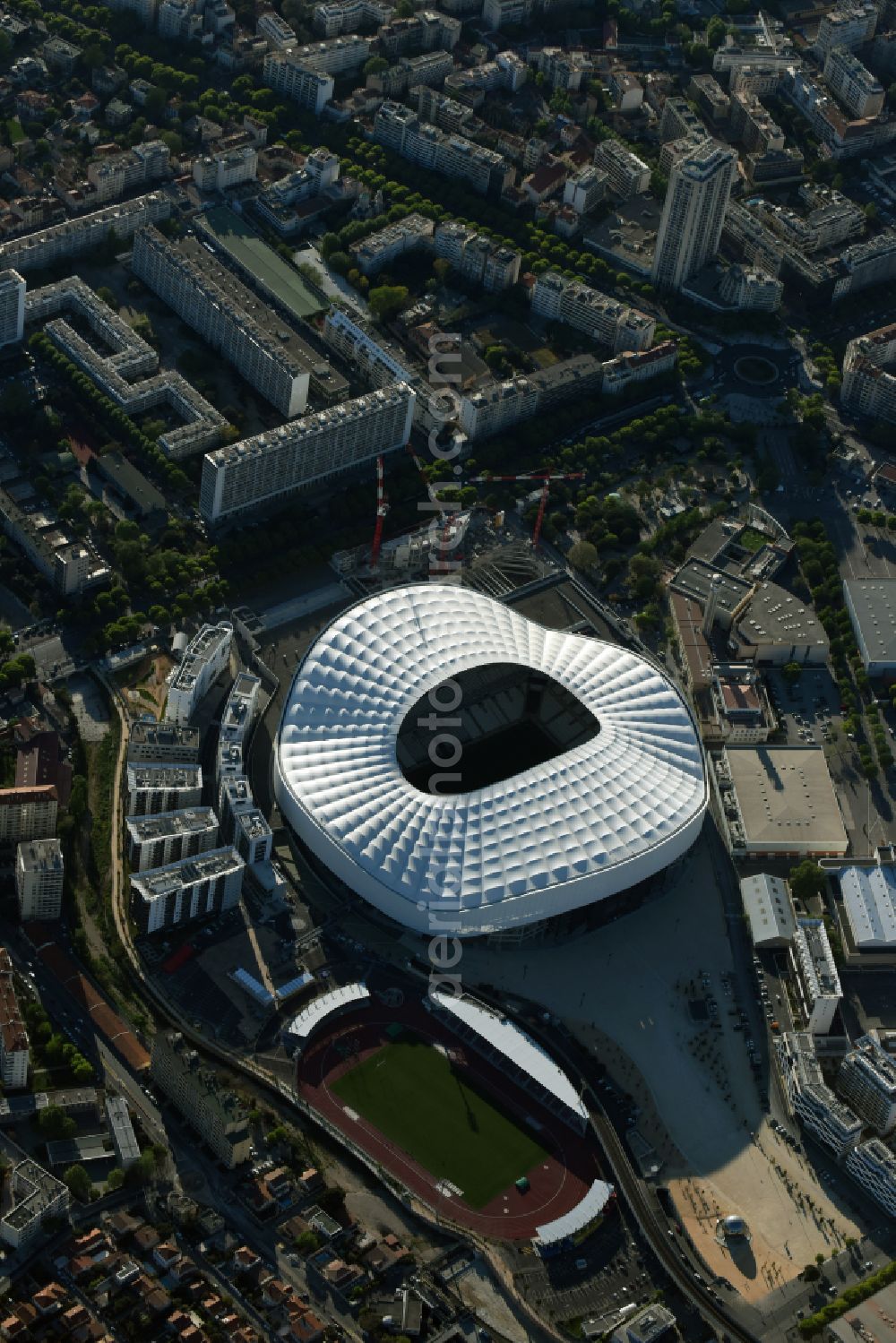 Aerial image Marseille - Sports facility grounds of the Arena stadium Stade Orange Velodrome on street Boulevard Michelet in Marseille in Provence-Alpes-Cote d'Azur, France