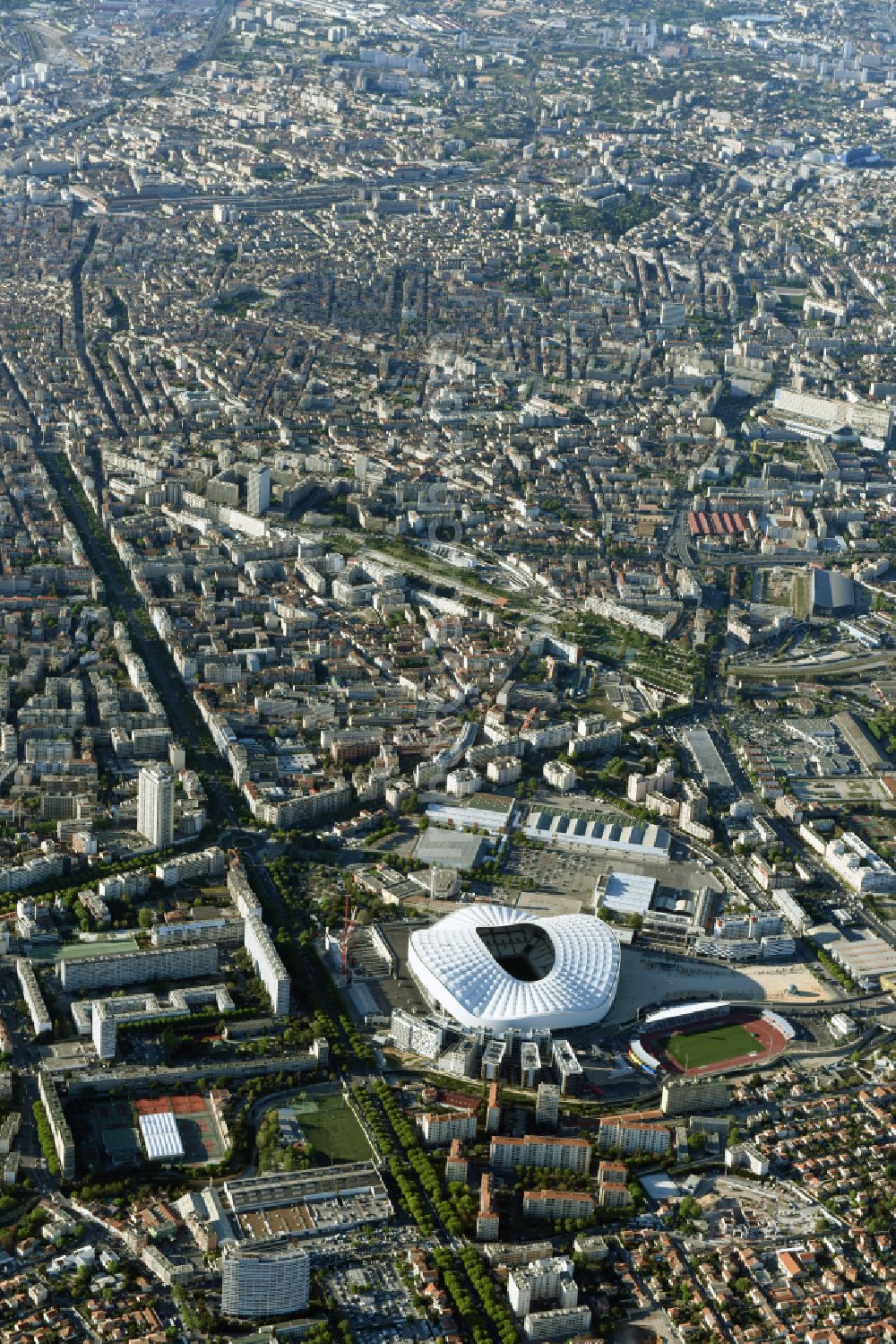 Marseille from above - Sports facility grounds of the Arena stadium Stade Orange Velodrome on street Boulevard Michelet in Marseille in Provence-Alpes-Cote d'Azur, France