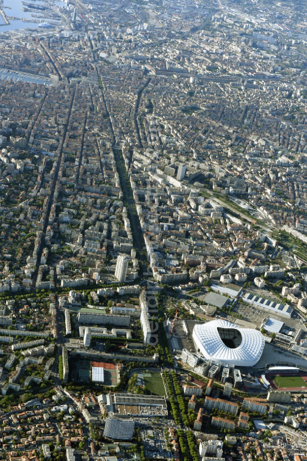 Marseille from the bird's eye view: Sports facility grounds of the Arena stadium Stade Orange Velodrome on street Boulevard Michelet in Marseille in Provence-Alpes-Cote d'Azur, France