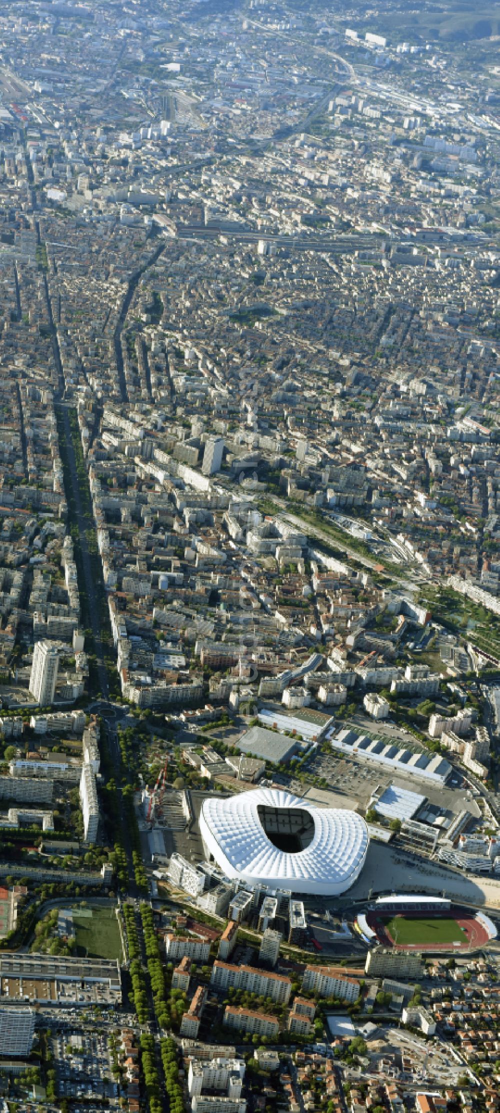 Aerial image Marseille - Sports facility grounds of the Arena stadium Stade Orange Velodrome on street Boulevard Michelet in Marseille in Provence-Alpes-Cote d'Azur, France