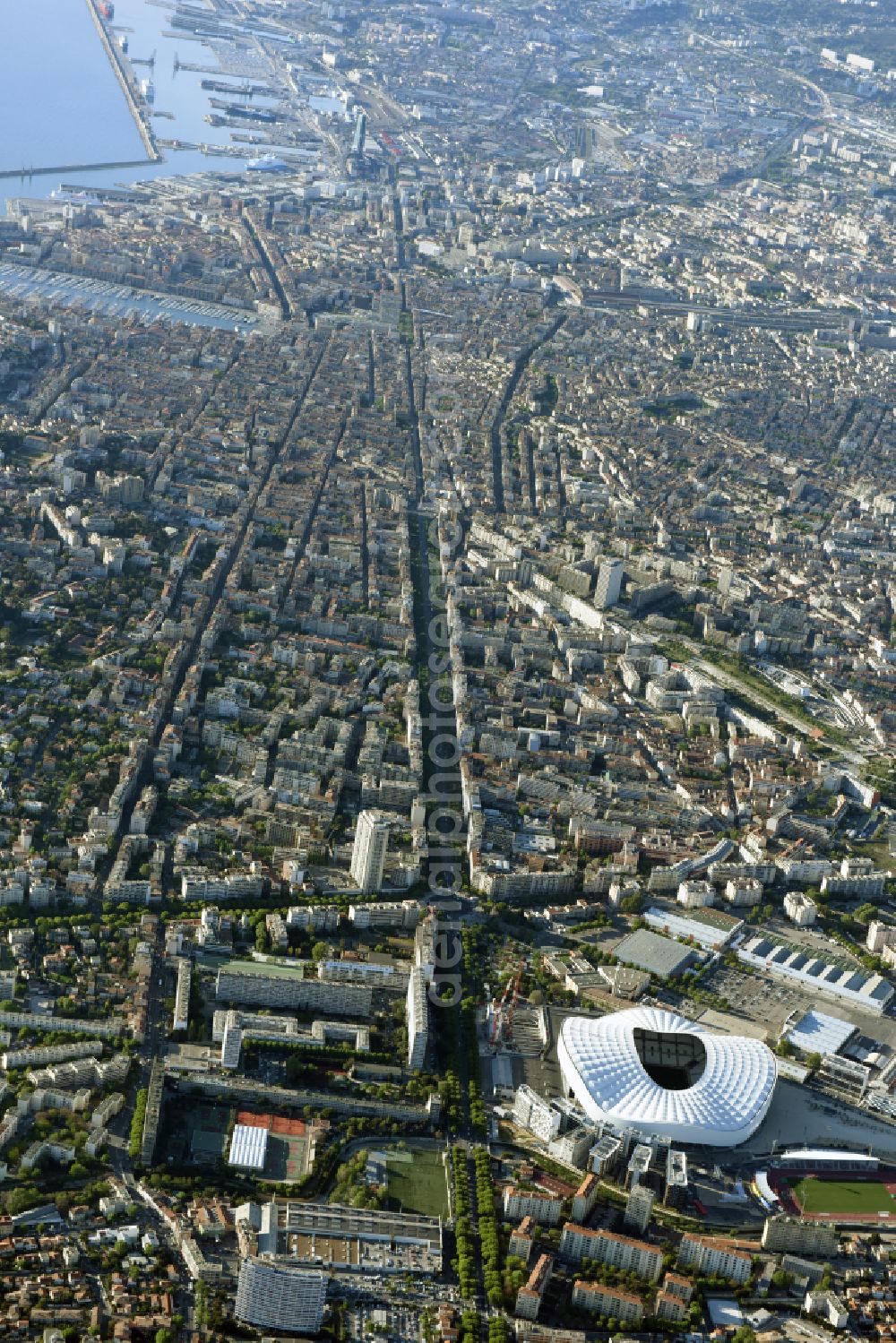 Aerial photograph Marseille - Sports facility grounds of the Arena stadium Stade Orange Velodrome on street Boulevard Michelet in Marseille in Provence-Alpes-Cote d'Azur, France