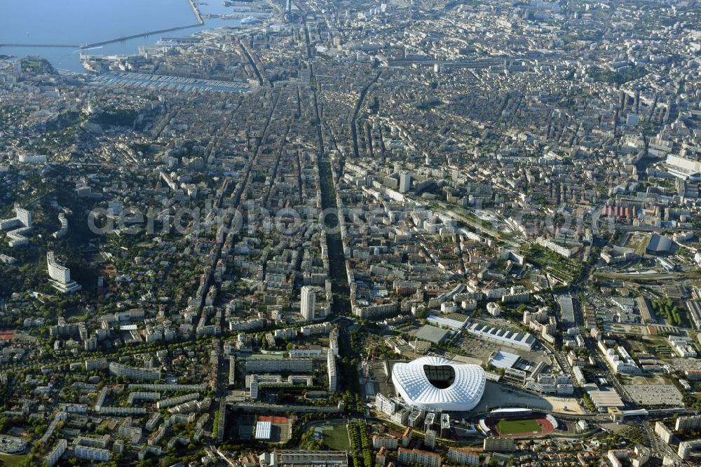 Marseille from the bird's eye view: Sports facility grounds of the Arena stadium Stade Orange Velodrome on street Boulevard Michelet in Marseille in Provence-Alpes-Cote d'Azur, France