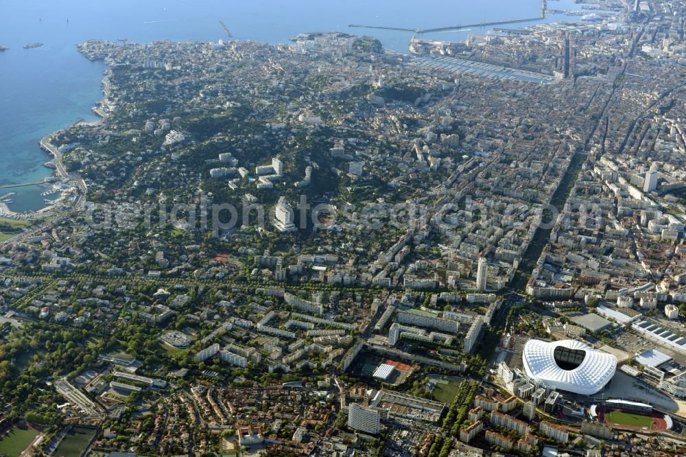 Aerial image Marseille - Sports facility grounds of the Arena stadium Stade Orange Velodrome on street Boulevard Michelet in Marseille in Provence-Alpes-Cote d'Azur, France