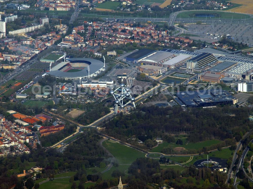 Brüssel from above - Sports facility grounds of the Arena stadium Stade Roi Baudouin on Atomium- city park in Brussels, Belgium