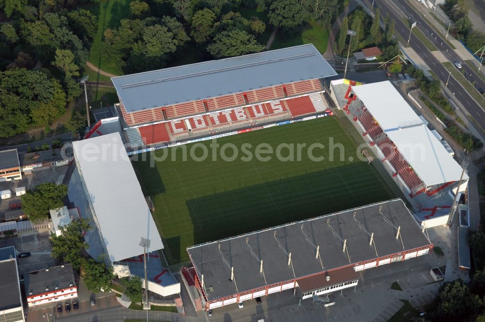 Cottbus from above - Sports facility grounds of the Arena stadium Stadion of Freundschaft in Cottbus in the state Brandenburg, Germany