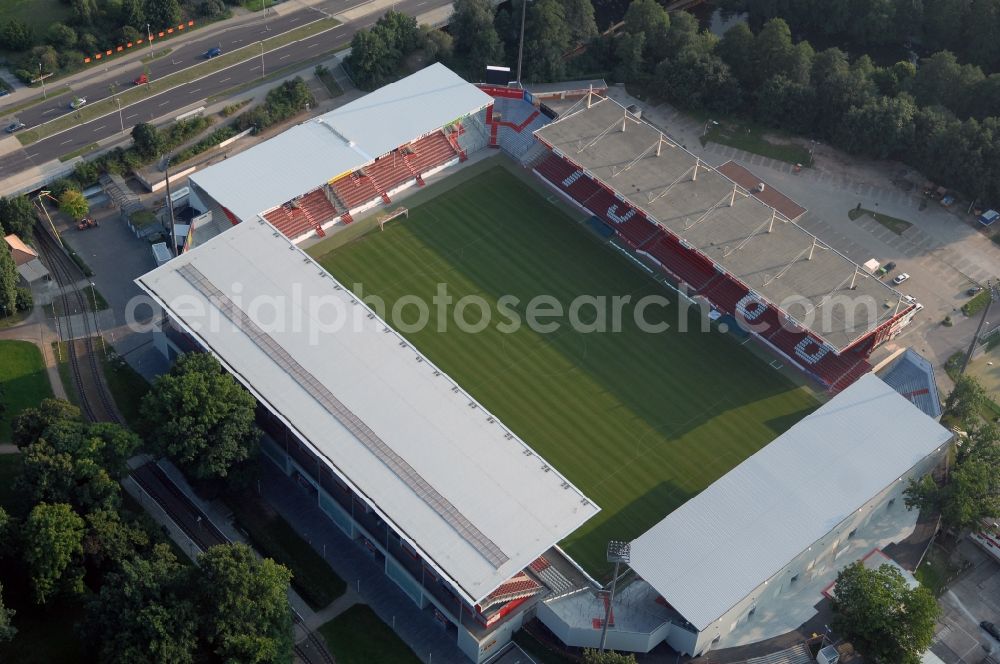 Cottbus from the bird's eye view: Sports facility grounds of the Arena stadium Stadion of Freundschaft in Cottbus in the state Brandenburg, Germany