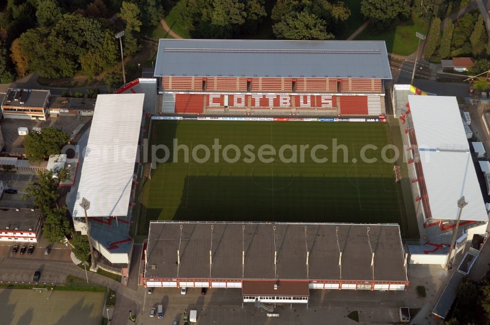 Aerial image Cottbus - Sports facility grounds of the Arena stadium Stadion of Freundschaft in Cottbus in the state Brandenburg, Germany