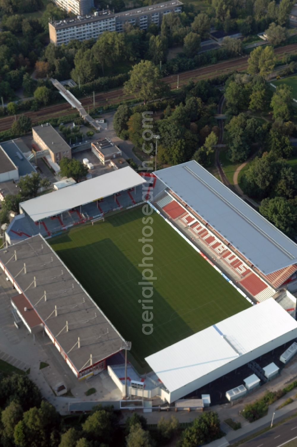 Cottbus from above - Sports facility grounds of the Arena stadium Stadion of Freundschaft in Cottbus in the state Brandenburg, Germany