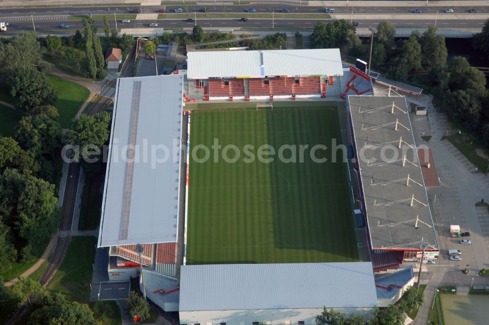 Cottbus from the bird's eye view: Sports facility grounds of the Arena stadium Stadion of Freundschaft in Cottbus in the state Brandenburg, Germany