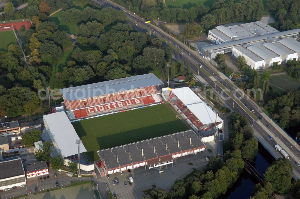 Aerial photograph Cottbus - Sports facility grounds of the Arena stadium Stadion of Freundschaft in Cottbus in the state Brandenburg, Germany