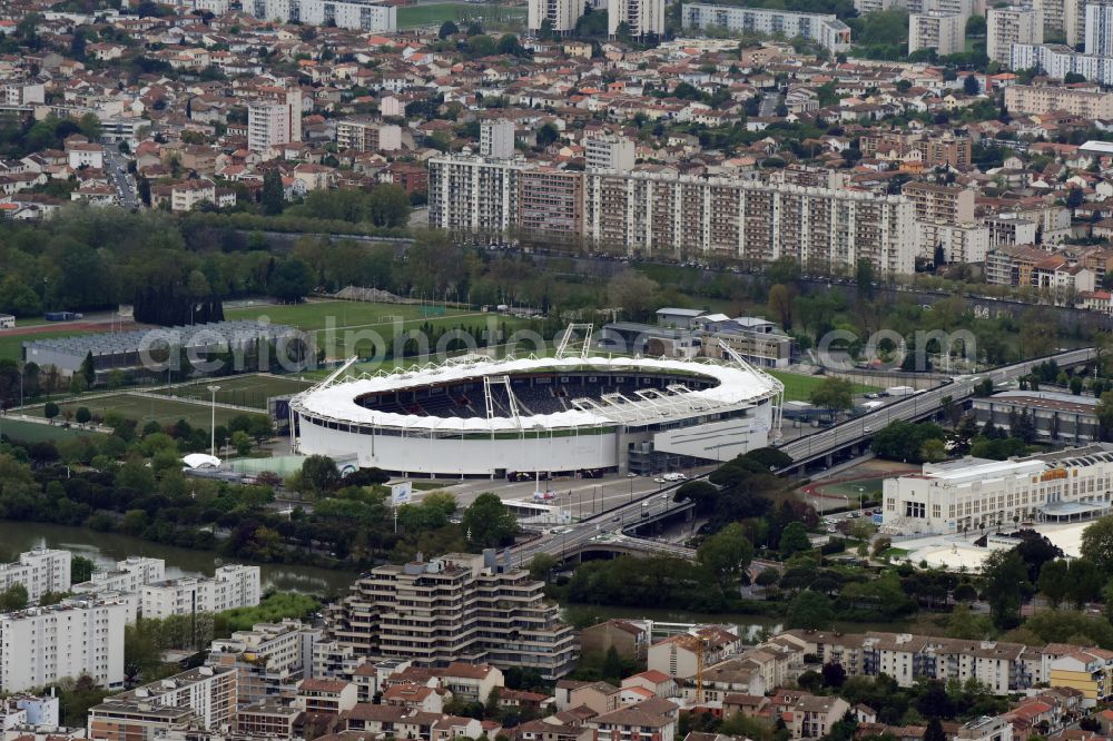 Aerial image Toulouse - Sports facility grounds of the Arena stadium Stadium TFC Municipal on street Allee Gabriel Bienes in Toulouse in Occitanie, France