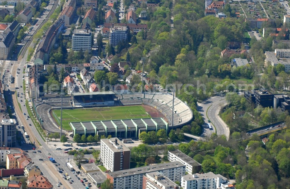 München from the bird's eye view: Sports facility grounds of the Arena stadium Staedtisches Stadion on Gruenwalder Strasse in the district Untergiesing-Harlaching in Munich in the state Bavaria