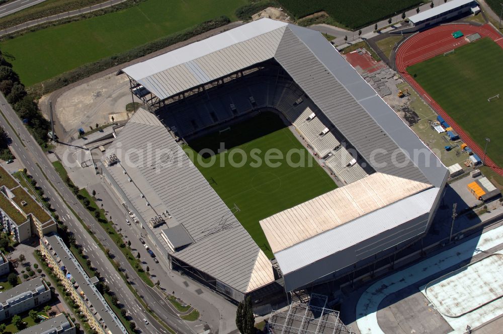 Innsbruck from above - Sports facility grounds of the Arena stadium Tivoli-Stadion on street Stadionstrasse in Innsbruck in Tirol, Austria