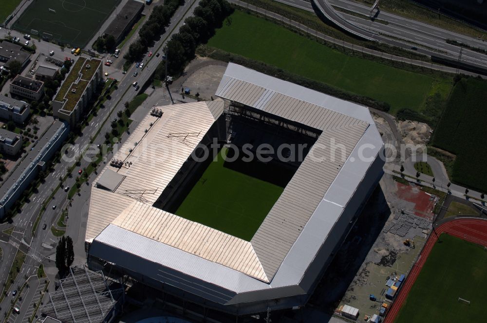 Innsbruck from above - Sports facility grounds of the Arena stadium Tivoli-Stadion on street Stadionstrasse in Innsbruck in Tirol, Austria