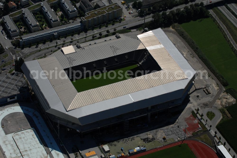 Aerial image Innsbruck - Sports facility grounds of the Arena stadium Tivoli-Stadion on street Stadionstrasse in Innsbruck in Tirol, Austria