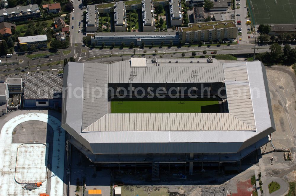 Innsbruck from above - Sports facility grounds of the Arena stadium Tivoli-Stadion on street Stadionstrasse in Innsbruck in Tirol, Austria