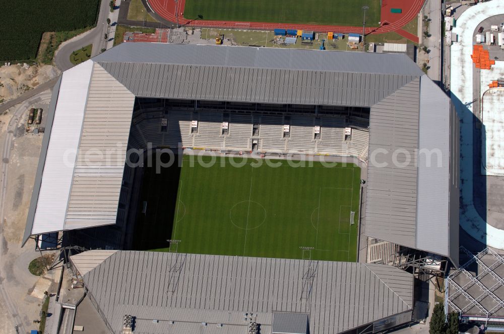 Innsbruck from above - Sports facility grounds of the Arena stadium Tivoli-Stadion on street Stadionstrasse in Innsbruck in Tirol, Austria