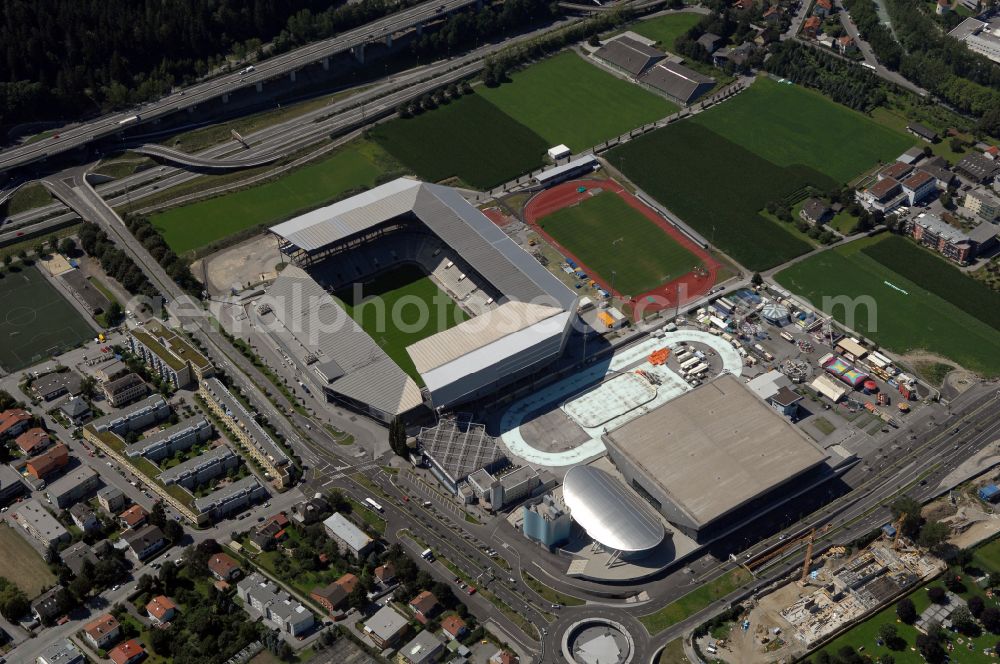 Innsbruck from the bird's eye view: Sports facility grounds of the Arena stadium Tivoli-Stadion on street Stadionstrasse in Innsbruck in Tirol, Austria