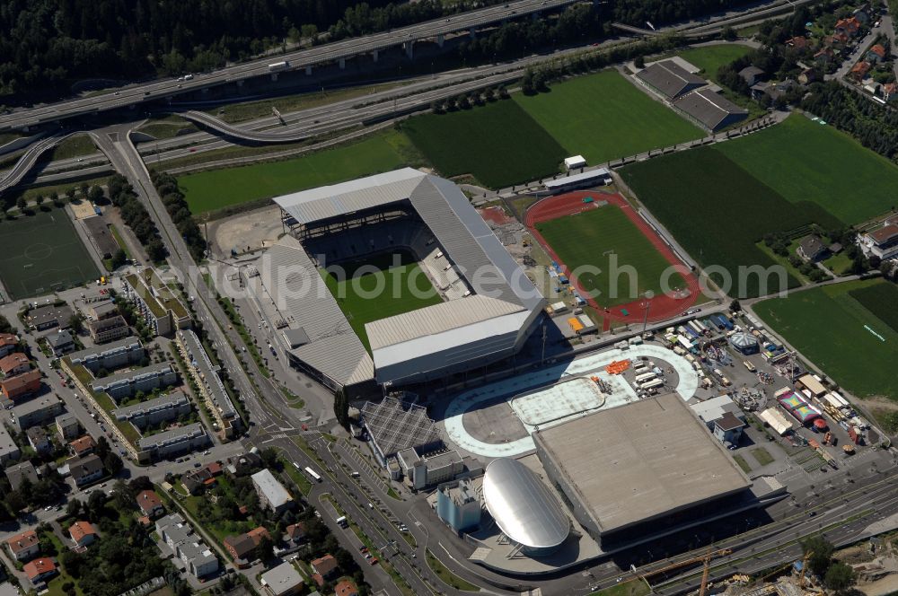 Aerial image Innsbruck - Sports facility grounds of the Arena stadium Tivoli-Stadion on street Stadionstrasse in Innsbruck in Tirol, Austria