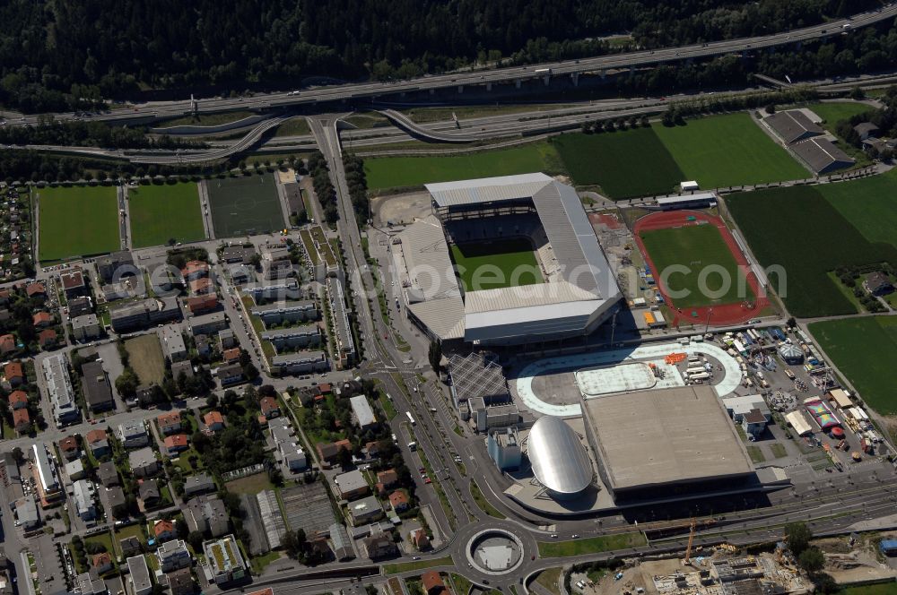 Aerial photograph Innsbruck - Sports facility grounds of the Arena stadium Tivoli-Stadion on street Stadionstrasse in Innsbruck in Tirol, Austria