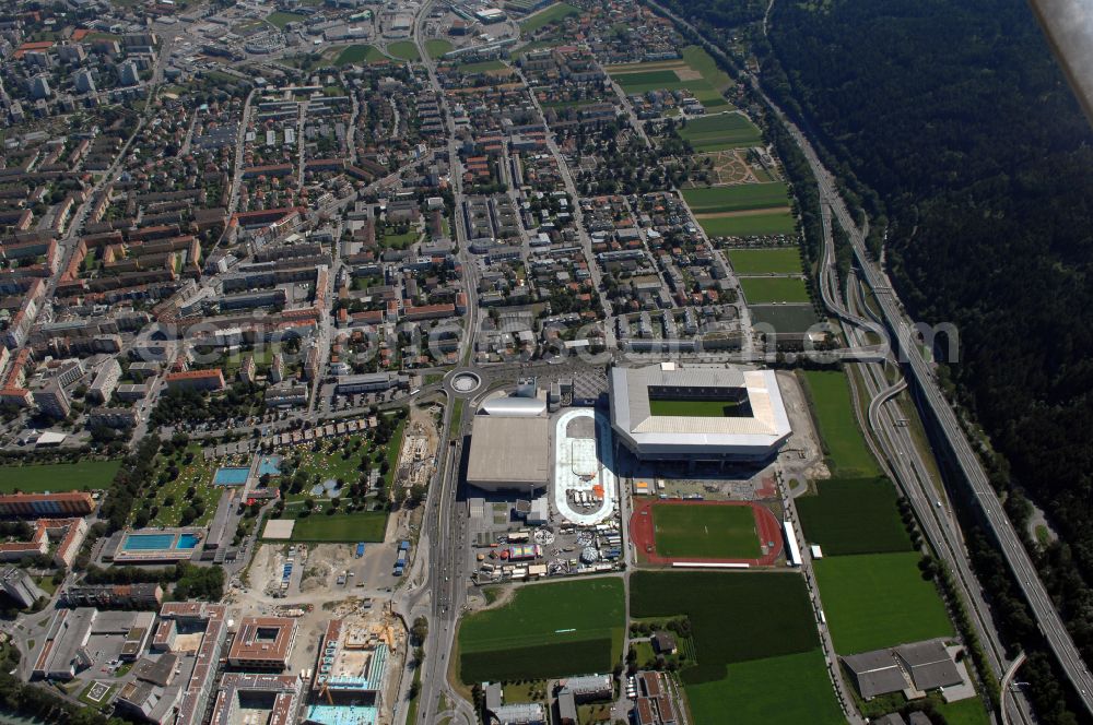 Innsbruck from the bird's eye view: Sports facility grounds of the Arena stadium Tivoli-Stadion on street Stadionstrasse in Innsbruck in Tirol, Austria