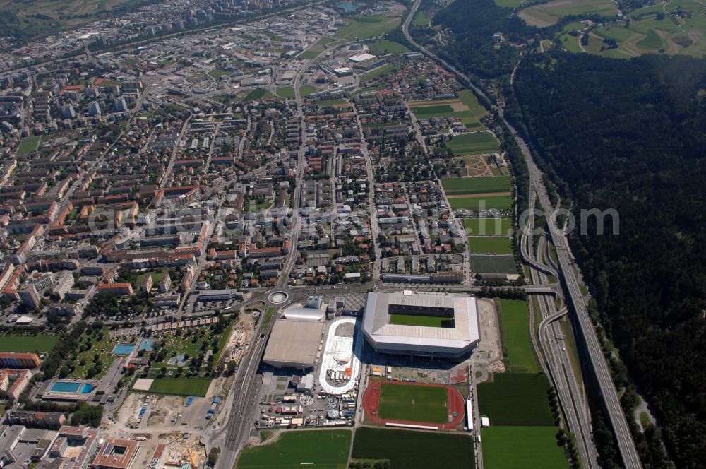 Aerial image Innsbruck - Sports facility grounds of the Arena stadium Tivoli-Stadion on street Stadionstrasse in Innsbruck in Tirol, Austria